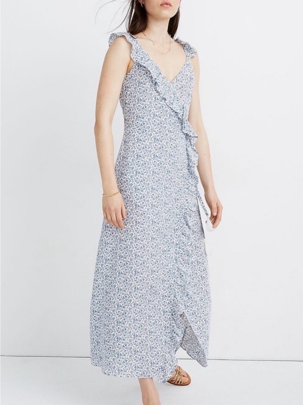 Madewell Light Blue Floral Ruffle Wrap Maxi Dress - Size 10